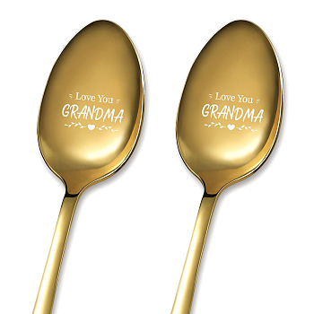 Stainless Steel Spoons Set, with Packing Box, Word Love You GRANDMA, Golden Color, Heart Pattern, 182x43mm, 2pcs/set