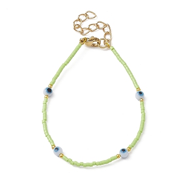 Evil Eye Lampwork & Glass Seed Beaded Bracelet with Real 18K Gold Plated 304 Stainless Steel Clasps, Light Green, 6-3/4 inch(17.2cm)