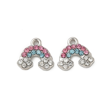 304 Stainless Steel Charms, with Rhinestone,  Rainbow Charm, Stainless Steel Color, 9x10x2mm, Hole: 1mm