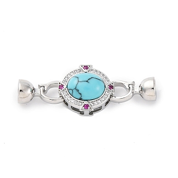 Brass Micro Pave Clear Cubic Zirconia Fold Over Clasps, with Synthetic Turquoise, Half Round, Platinum, 39mm