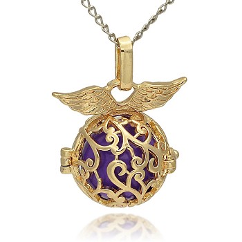 Golden Tone Brass Hollow Round Cage Pendants, with No Hole Spray Painted Brass Ball Beads, Blue Violet, 26x26x19mm, Hole: 3x8mm