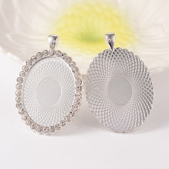Oval Alloy Rhinestone Big Pendant Cabochon Settings, Cadmium Free & Lead Free, Picture Memory Frame Pendants, Silver Color Plated, Crystal, Tray: 30x40mm, 58x39x4mm, Hole: 4x7mm, 26pcs/bag