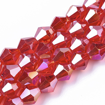 Electroplate Glass Beads Strands, AB Color Plated, Faceted, Bicone, Red, 7.5~8x7.5~8mm, Hole: 1.5mm, about 40pcs/strand, 11.81 inch
