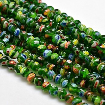 Round Millefiori Glass Beads Strands, Green, 6mm, Hole: 1mm, about 67pcs/strand, 14.7 inch