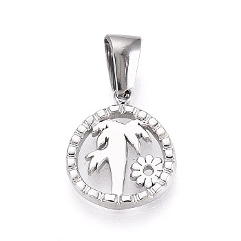303 Stainless Steel Pendants, Flat Round with Coconut Tree Charms, Stainless Steel Color, 14.5x12.5x1.5mm, Hole: 6.5x2.5mm