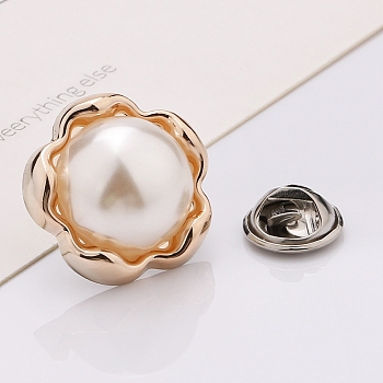 Plastic Brooch, Alloy Pin, with Plastic Bead, for Garment Accessories, Flower, White, 18mm