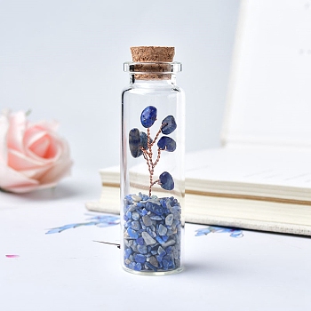 Glass Wishing Bottles, Copper Wire Reiki Natural Lapis Lazuli Drift Chip Beads inside for DIY Jewelry Making Home Decoration, 22x70mm