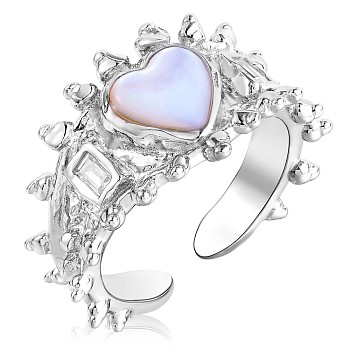 Rhodium Plated 925 Sterling Silver Heart Open Cuff Ring, Natural Shell Chunky Ring with Clear Cubic Zirconia for Women, Platinum, US Size 6 1/2(16.9mm)