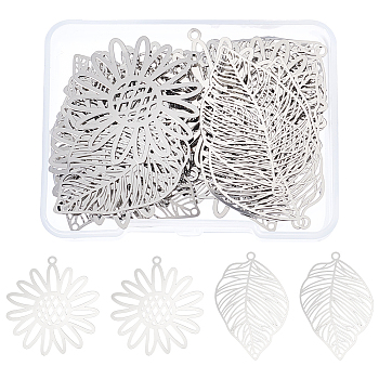 40Pcs 2 Style 201 Stainless Steel Pendants, Etched Metal Embellishments, Flower/Leaf Charm, Stainless Steel Color, 33x30.5x0.2mm, Hole: 1.6mm, 20pcs/style