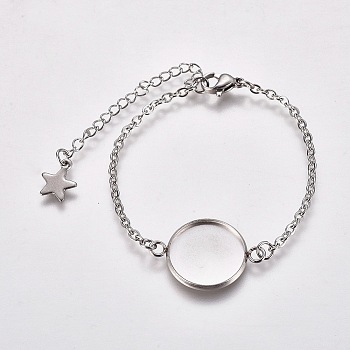 Tarnish Resistant 304 Stainless Steel Bracelet Making, with Lobster Claw Clasps, Cable Chains and Flat Round Cabochon Settings, Stainless Steel Color, Tray: 12mm, 5-1/2 inch(14cm)