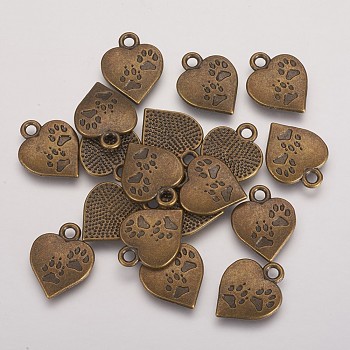 Tibetan Style Alloy Pendants, Lead Free & Nickel Free & Cadmium Free, Heart with Paw Print, Antique Bronze, 17x13x2mm, Hole: 3mm