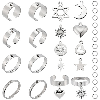 DIY Charm Finger Ring Making Kit, Including 304 Stainless Steel Loop Ring Bases & Jump Rings & Pendants, Star of David & Moon & Star & Sun, Stainless Steel Color, 36Pcs/box
