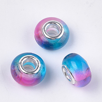 Resin European Beads, Large Hole Beads, with Brass Double Cores, Two Tone, Rondelle, Deep Sky Blue, 14x8.5~9mm, Hole: 5mm