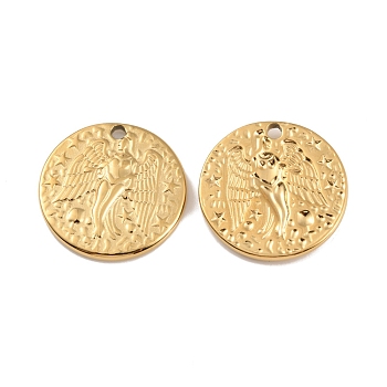 Ion Plating(IP) 304 Stainless Steel Pendants, Flat Round with Angel Charm, Real 18K Gold Plated, 20x2.5mm, Hole: 1.8mm