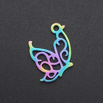 Ion Plating(IP) 201 Stainless Steel Pendants, Butterfly, Laser Cut, Rainbow Color, 15x12.5x1mm, Hole: 1.4mm