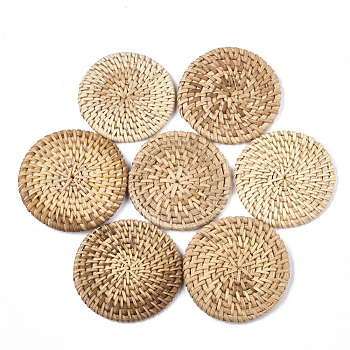 Handmade Reed Cane/Rattan Woven Beads, For Making Straw Earrings and Necklaces, No Hole/Undrilled, Flat Round, BurlyWood, 59~66x6~7mm