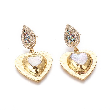 Natural Pearl Dangle Stud Earrings, with Brass Micro Pave Cubic Zirconia Findings and Plastic Ear Nuts, Heart, Golden, 47mm, Pin: 0.8mm