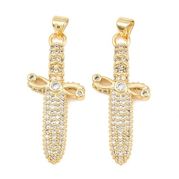 Brass Micro Pave Clear Cubic Zirconia Pendants, Sword Charms, Long-Lasting Plated, Rack Plating, Lead Free & Cadmium Free, Real 18K Gold Plated, 37x15.5x3mm, Hole: 4x3mm