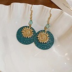 Flat Round with Sunflower Alloy Glass Dangle Earrings, Antique Bronze & Green Patina, Antique Bronze & Green Patina, 70mm(FS-WG8AC10-01)