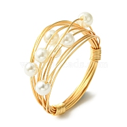 Shell Pearl Beaded Finger Ring, Copper Wire Wrap Rings for Women, Golden, US Size 7 1/4(17.5mm)(RJEW-TA00085)