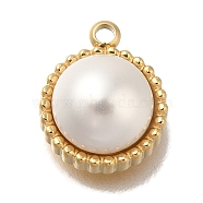 ABS Imitation Pearl Charms, with Ion Plating(IP) 304 Stainless Steel Findings, Flat Round Charm, Real 18K Gold Plated, 12x10x5.5mm, Hole: 1.4mm(STAS-P371-015G)