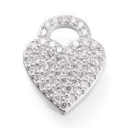 Brass Micro Pave Clear Cubic Zirconia Pendants, Long-Lasting Plated, Heart, Platinum, 15.5x12x2mm, Hole: 3x4mm(ZIRC-L097-018P)