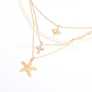 Plastic Imitation Pearl Beaded Necklaces Multi Layered Necklaces, Alloy Rhinestone Cross Star Pendant Necklace for Women, Golden, 14.96 inch(38cm)(PW23032003758)