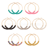 ANATTASOUL 7 Pairs 7 Colors Glass Round Braided Beaded Hoop Earrings, Light Gold Alloy Big Hoop Earrings for Women, Mixed Color, 54x51x6.5mm, Pin: 0.9mm, 1 Pair/color(EJEW-AN0002-21)