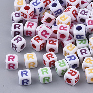 White Opaque Acrylic Beads, Horizontal Hole, Cube with Mixed Color Letter, Letter.R, 5x5x5mm, Hole: 2mm, about 5000pcs/500g(MACR-R869-01R)