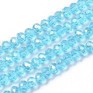 Electroplate Glass Beads Strands, AB Color Plated, Faceted, Rondelle, Cyan, 4x3mm, Hole: 0.4mm, about 123~127pcs/strand, 16.5~16.9 inch(42~43cm)(EGLA-A034-T4mm-B14)