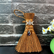 Wood Wicca Broom Car Hanging Decoration, with Alloy Decoration and Teardrop Glass Charm, Moon, 140x90mm(PW-WG30216-05)