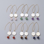 Shell Dangle Earrings, with Natural Gemstone Beads, Freshwater Shell Beads and 304 Stainless Steel Earring Hooks, Golden, 75mm, pin: 0.7mm(EJEW-JE03757)