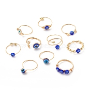 10Pcs 10 Style Resin & Lampwork Evil Eye Beaded Finger Rings, Copper Wire Wrap Jewelry for Women, Golden, US Size 7 3/4~10 1/2(18~20.1mm), 1Pc/style(RJEW-JR00478)