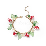 Plastic Imitation Pearl Flower & Acrylic Leaf & Lampwork Strawberry Charms Bracelet, 304 Stainless Steel Jewelry for Women, Colorful, 7-3/4 inch(19.5cm)(BJEW-TA00181)
