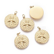 Ion Plating(IP) 304 Stainless Steel Pendants, with Jump Rings, Textured, Flat Round with Star, Golden, 17.5x15x3mm, Hole: 2.6mm(STAS-F256-002G)