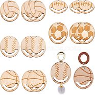 CHGCRAFT 20Pcs 5 Styles Hollow Wooden Pendants, Undyed, Laser Cut, Football & Baseball & Basketball & Volleyball & Rugby, BurlyWood, 19.5~32x2mm, Hole: 2~2.2mm, 4pcs/style(WOOD-CA0001-54)