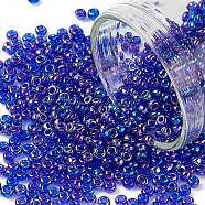 12/0 Grade A Round Glass Seed Beads, Transparent Colours Rainbow, Royal Blue, 12/0, 2x1.5mm, Hole: 0.9mm, about 30000pcs/bag(SEED-Q010-F544)
