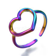 304 Stainless Steel Hollow Heart Cuff Rings, Open Rings for Women Girls, Rainbow Color, US Size 7(17.5mm)(RJEW-N038-122M)