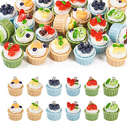 24Pcs 6 Styles Opaque Resin Pendants, Cupcake Charms, Imitation Food, with Platinum Tone Metal Loops, Kiwi Fruit & Strawberry & Blueberry & Mango & Orange & Waxberry Pattern, Mixed Color, 18~19x17~18mm, 4pcs/style(RESI-TA0001-67)