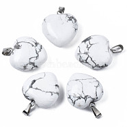 Natural Howlite Pendants, with Stainless Steel Snap On Bails, Heart, Stainless Steel Color, 22x20x9mm, Hole: 6x2mm(G-N0325-12C)
