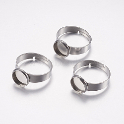 Adjustable 304 Stainless Steel Finger Rings Components, Pad Ring Base Findings, Flat Round, Stainless Steel Color, Tray: 8mm, Size 7, 17mm(STAS-I097-037A-P)
