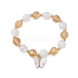 10mm Round Imitation Austrian Crystal & Crackle Acrylic Beaded Stretch Bracelets, Butterfly Alloy Acrylic Charm Bracelets for Women, White, Inner Diameter: 1-7/8 inch(4.8cm)(BJEW-JB10556-01)