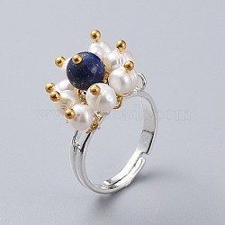 Adjustable Natural Lapis Lazuli Finger Rings, with Natural Pearl, Silver Plated Brass Ring Shanks and Ball Head Pin, with Cardboard Packing Box, Size 7, 17mm(RJEW-JR00291-01)