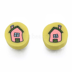 Handmade Polymer Clay Beads, Flat Round with House, Light Khaki, 8.5~9.5x4.5~5mm, Hole: 1.6mm(CLAY-N011-73)