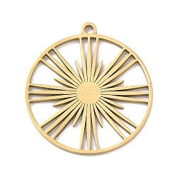 304 Stainless Steel Pendants, Flat Round with Sun Charms, Ion Plating(IP), Real 18K Gold Plated, 30x28x1.4mm, Hole: 2mm(SA-CBAAC28-03G)