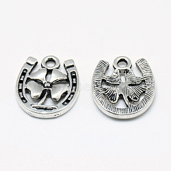 Tibetan Style Alloy Pendants, Horseshoes with Clover, Cadmium Free & Lead Free, Antique Silver, 17.5x15x2.5mm, Hole: 2mm(X-TIBE-S301-018AS-RS)