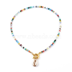 Natural Cowrie Shell Pendant Necklaces, with Rondelle Glass Beads and Brass Spring Ring Clasps, Golden, Colorful, 18.11 inch(46cm)(NJEW-JN03440)