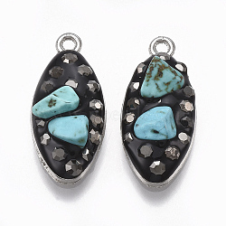 Alloy Pendants, with Synthetic Turquoise and Rhinestone, Enamel, Oval, Black, Platinum, Jet Hematite, 23x10.5x5~6mm, Hole: 1.5mm(RB-S057-19)