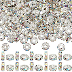 SOFPLATE 200Pcs Brass Rhinestone Spacer Beads, Grade A, Straight Flange, Silver Color Plated, Rondelle, Crystal AB, 8x3.8mm, Hole: 1.5mm, 200pcs/set(RB-SP0001-01B)