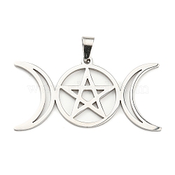 304 Stainless Steel Pendants, Triple Moon Pentagram Charm, Stainless Steel Color, 19.5x36.5x1mm, Hole: 5x3mm(STAS-P330-01P)